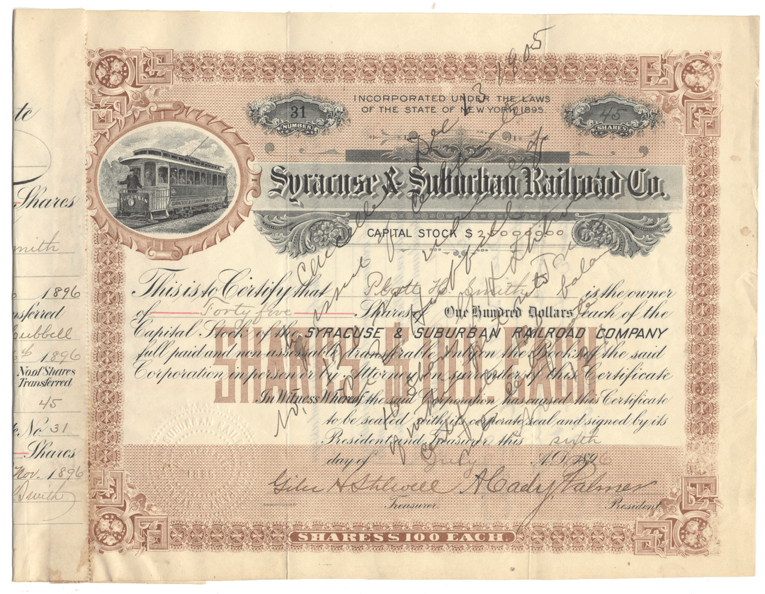Syracuse & Suburban Railroad Company stock certificate dated 1896