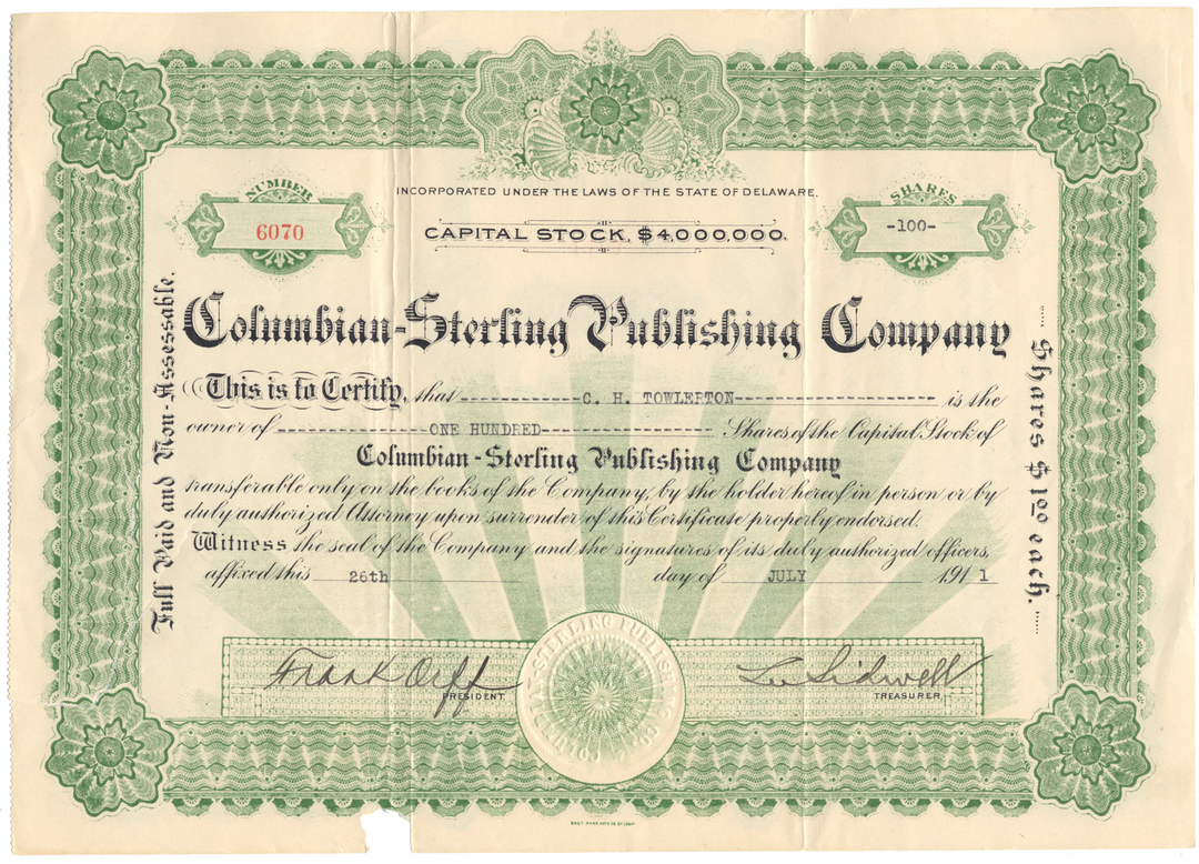 Columbian-Sterling Publishing Company Stock Certificate