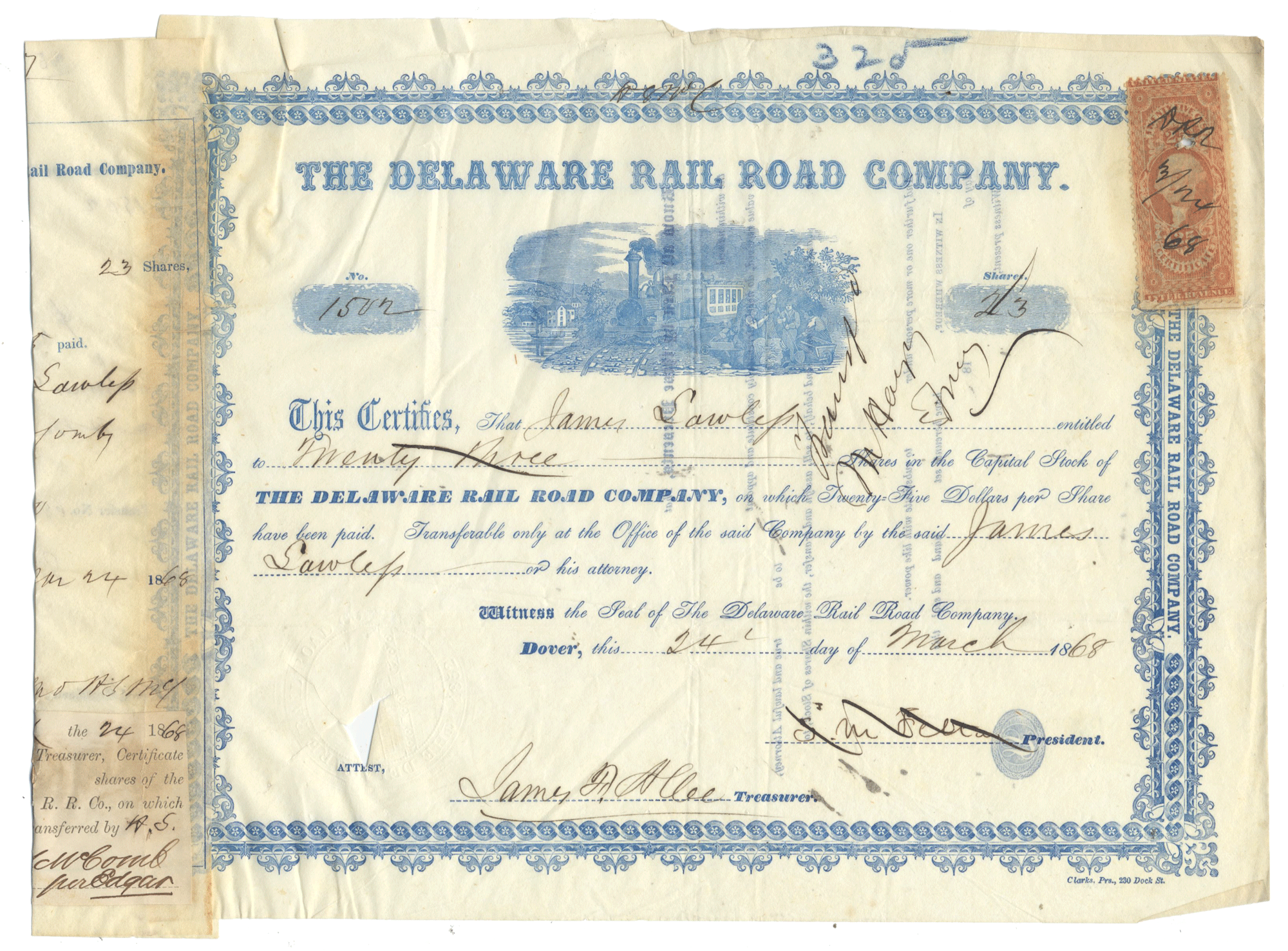 Delaware Rail Road Company stock certificate with revenue stamp dated 1868