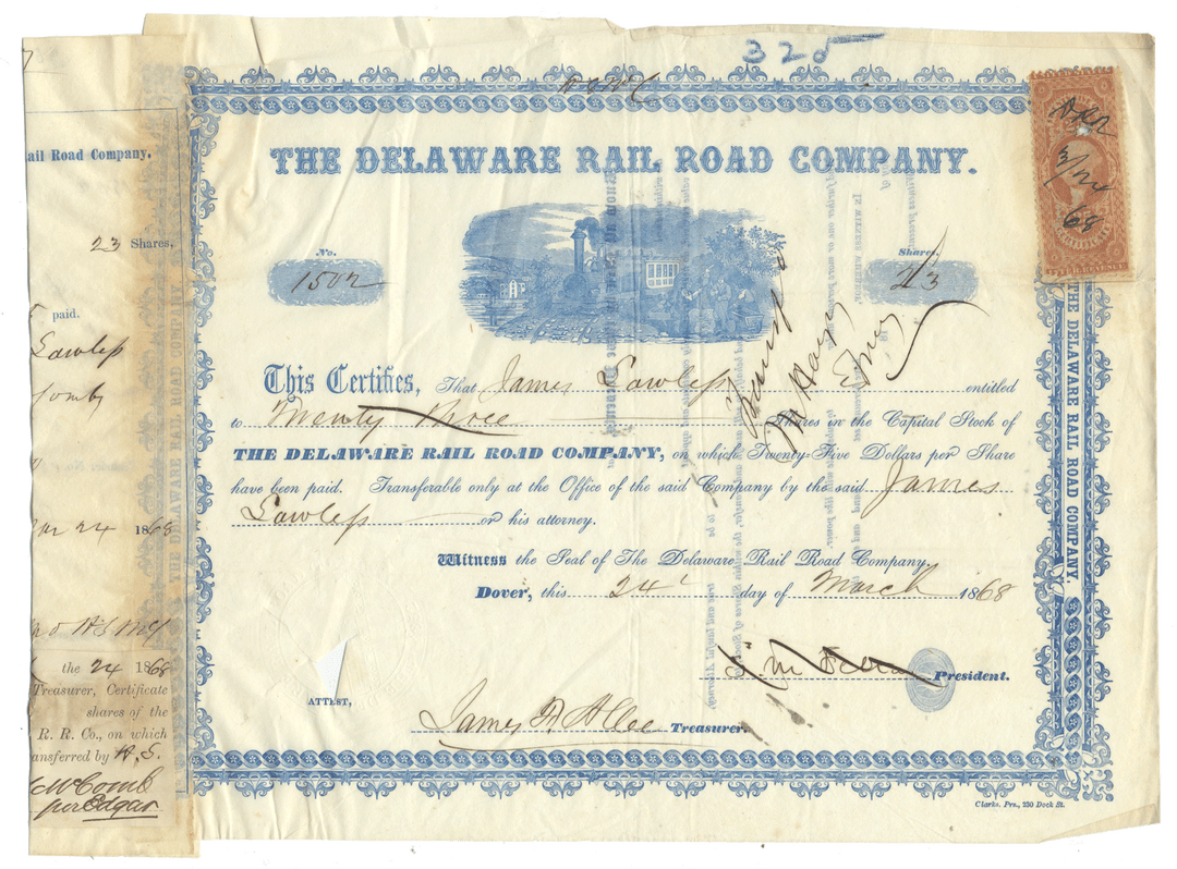 Delaware Rail Road Company stock certificate with revenue stamp dated 1868