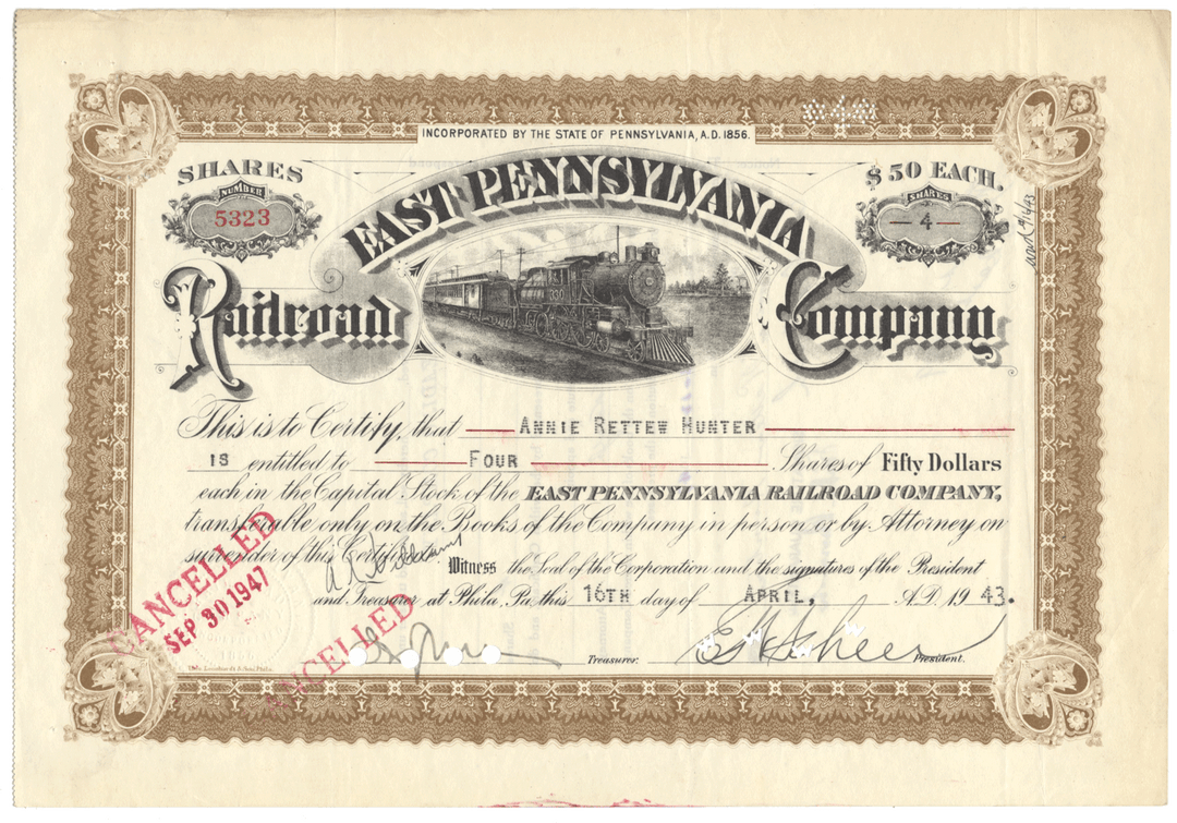 East Pennsylvania Railroad Company Stock Certificate