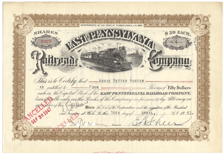 East Pennsylvania Railroad Company Stock Certificate