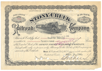 Stony Creek Railroad Company Stock Certificate