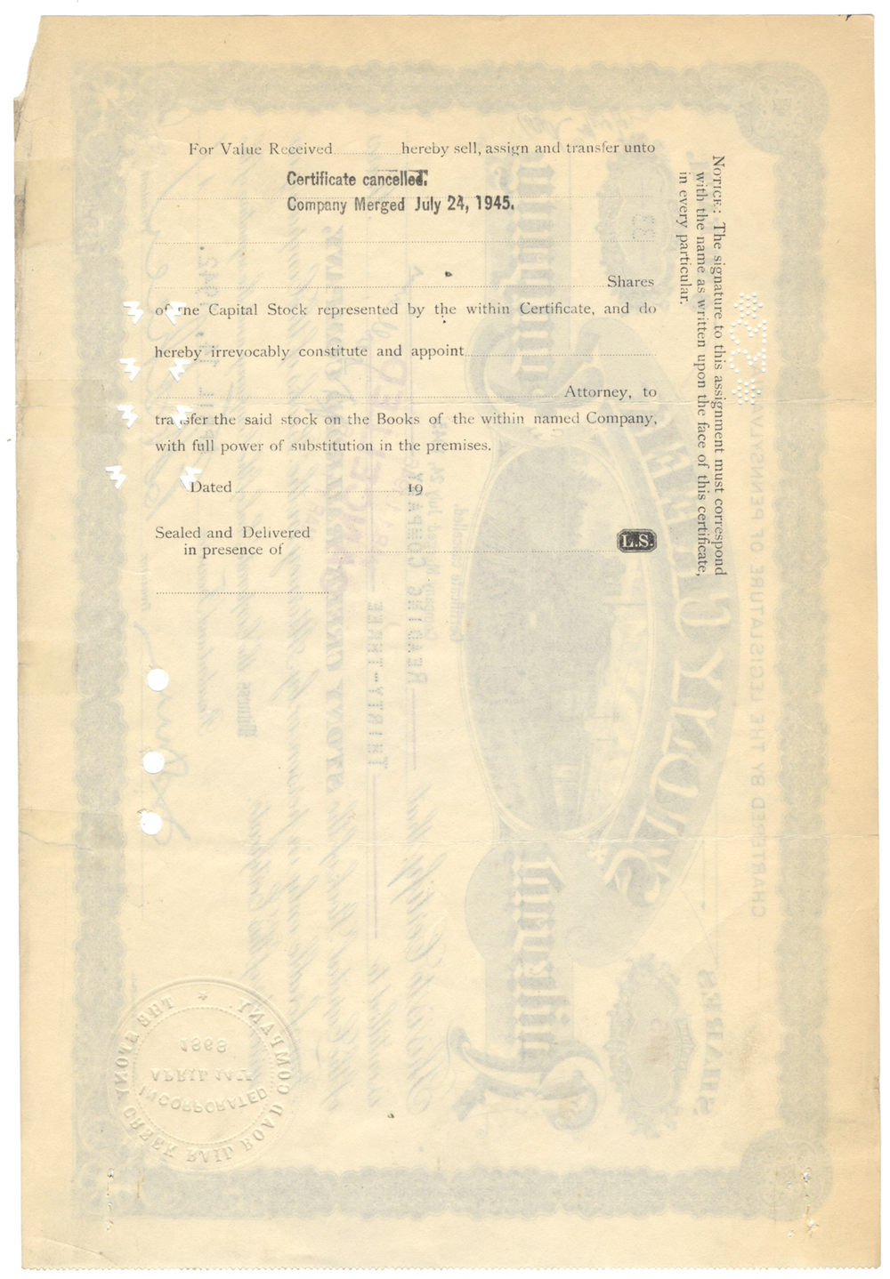 Stony Creek Railroad Company Stock Certificate