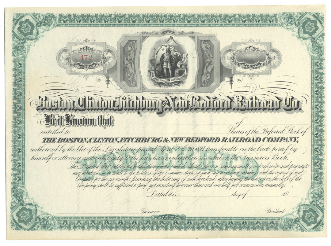 Boston, Clinton, Fitchburg and New Bedford Railroad Company stock certificate from the 1800's