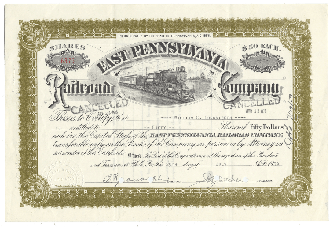 East Pennsylvania Railroad Company Stock Certificate