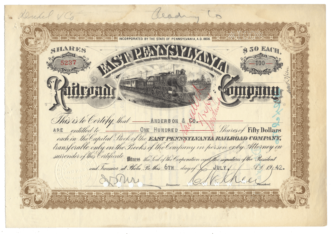 East Pennsylvania Railroad Company Stock Certificate from 1942