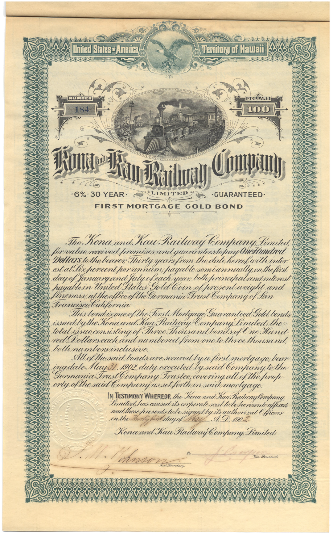 Kona and Kau Railway Bond Certificate