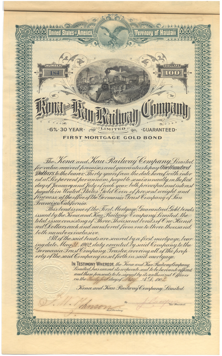 Kona and Kau Railway Bond Certificate