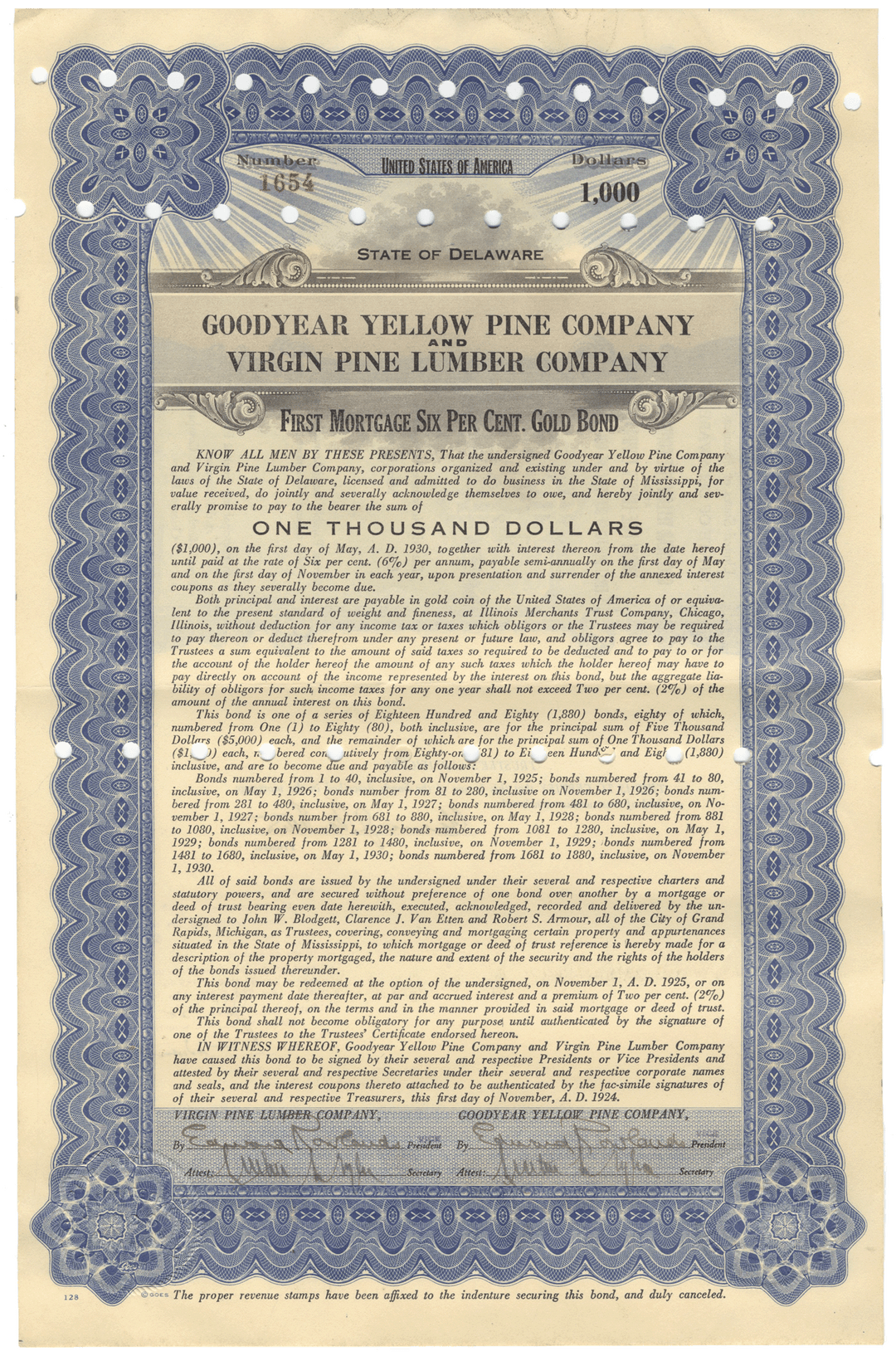 Goodyear Yellow Pine Company and Virgin Pine Lumber Company Bond Certificate Signed by Lucious Crosby