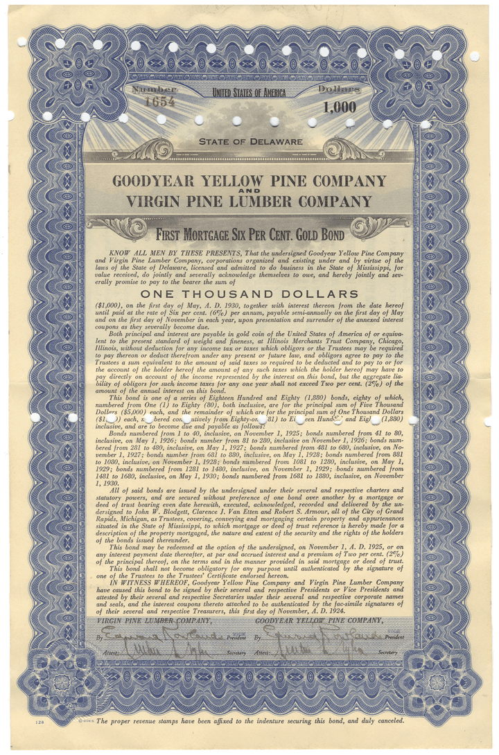 Goodyear Yellow Pine Company and Virgin Pine Lumber Company Bond Certificate Signed by Lucious Crosby