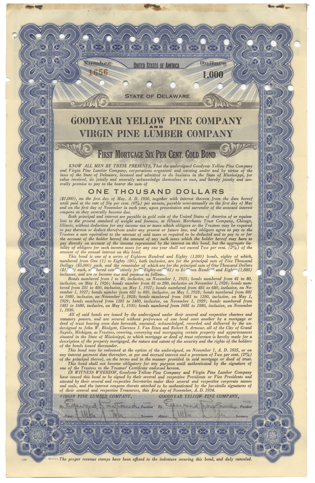 Goodyear Yellow Pine Company and Virgin Pine Lumber Company bond certificate (Signed by Lucius O. Crosby