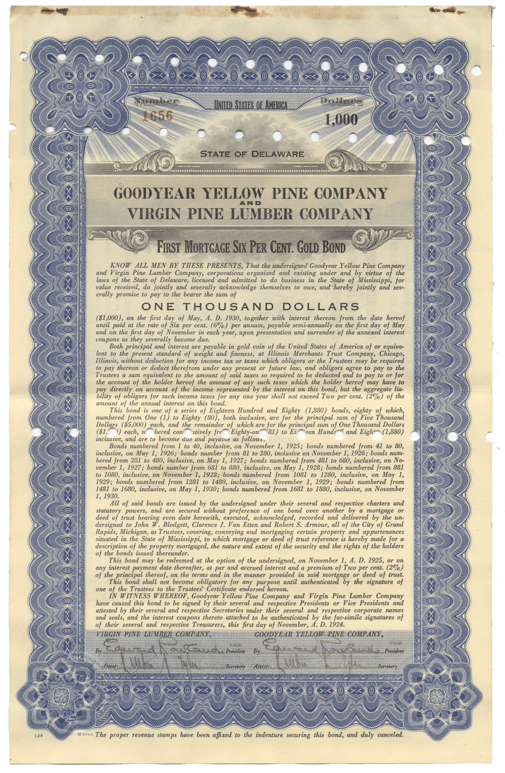 Goodyear Yellow Pine Company and Virgin Pine Lumber Company bond certificate (Signed by Lucius O. Crosby
