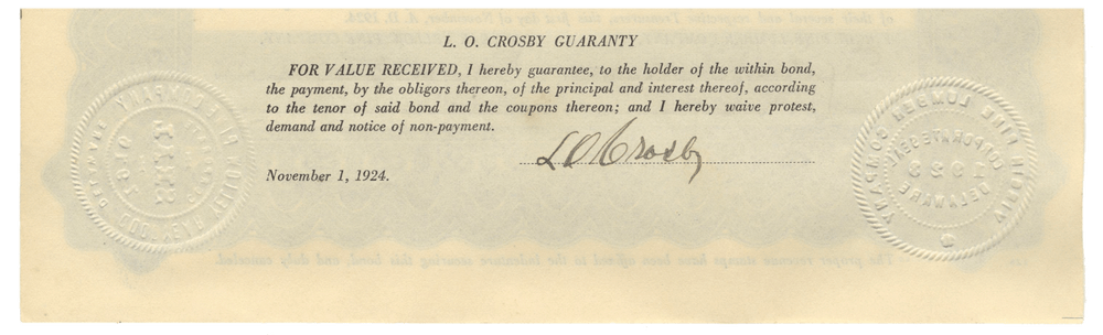 Goodyear Yellow Pine Company and Virgin Pine Lumber Company Bond Certificate Signed by Lucius O. Crosby