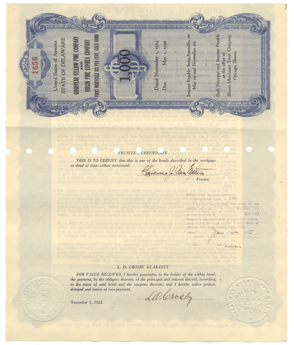 Goodyear Yellow Pine Company and Virgin Pine Lumber Company bond certificate (Signed by Lucius O. Crosby
