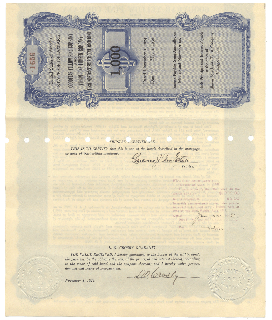 Goodyear Yellow Pine Company and Virgin Pine Lumber Company bond certificate (Signed by Lucius O. Crosby