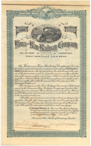 Kona and Kau Railway Bond Certificate