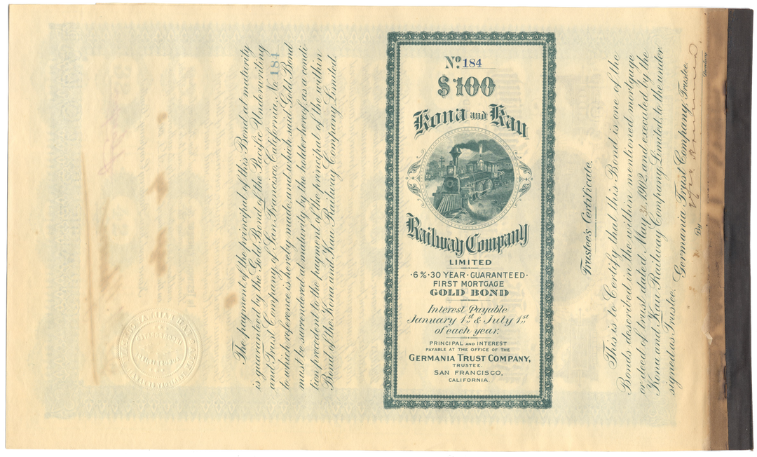 Kona and Kau Railway Bond Certificate