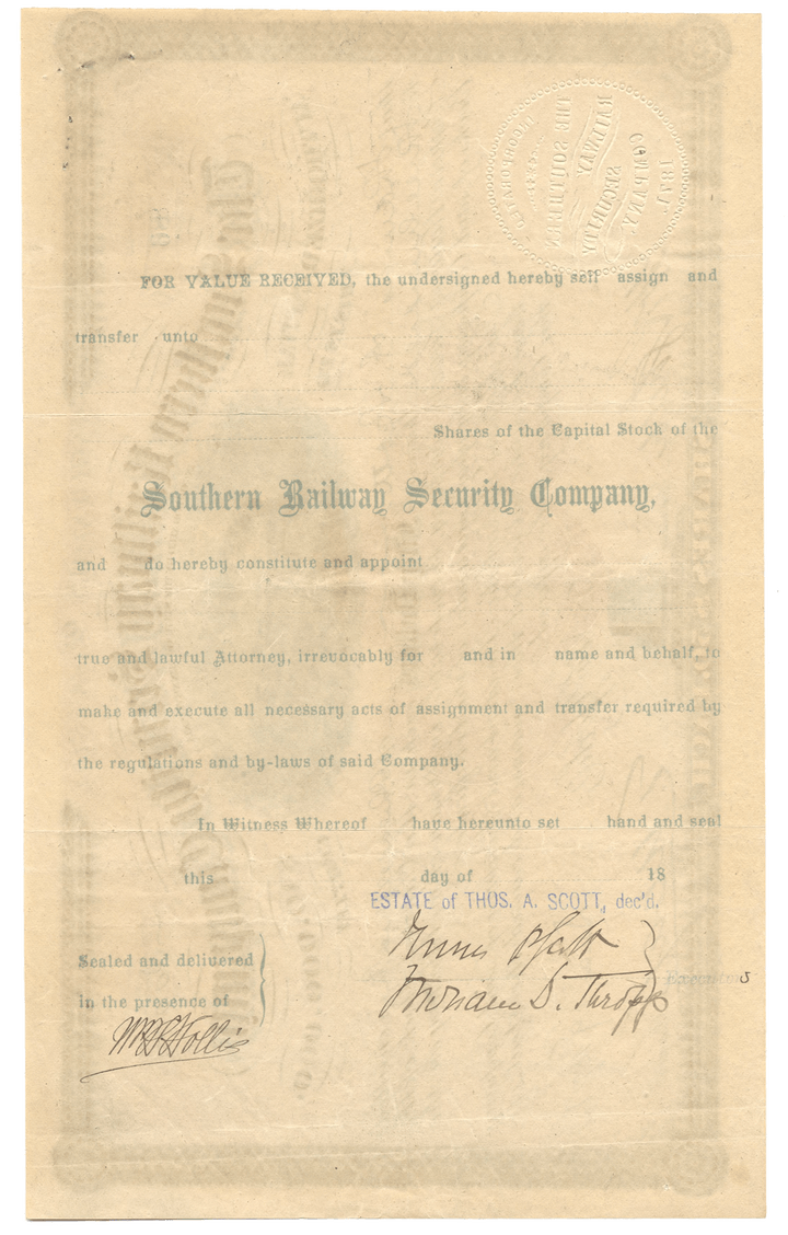 Southern Railway Security Company Stock Certificate Issued to Thomas A. Scott
