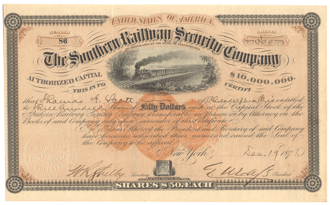 Southern Railway Security Company Stock Certificate Issued to Thomas A. Scott