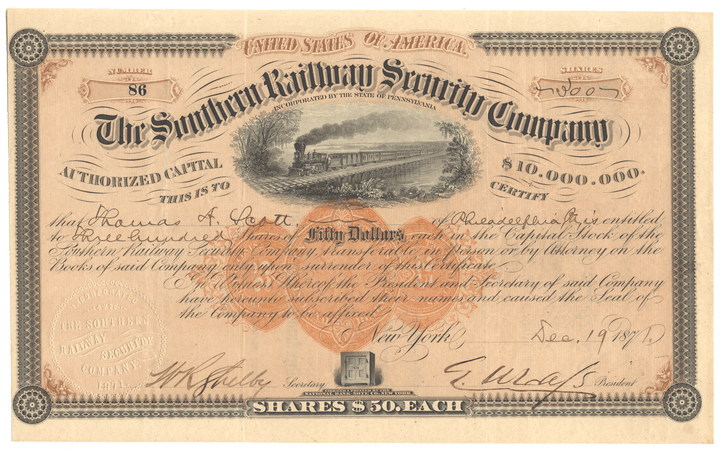 Southern Railway Security Company Stock Certificate Issued to Thomas A. Scott