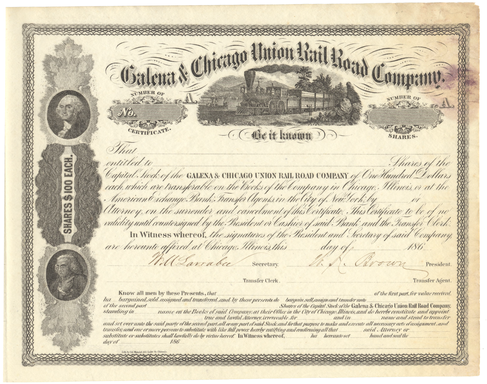 Galena & Chicago Union Rail Road Company Stock Certificate