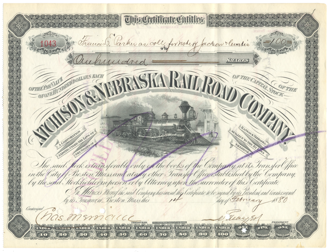 Atchison and Nebraska Rail Road Company Stock Certificate