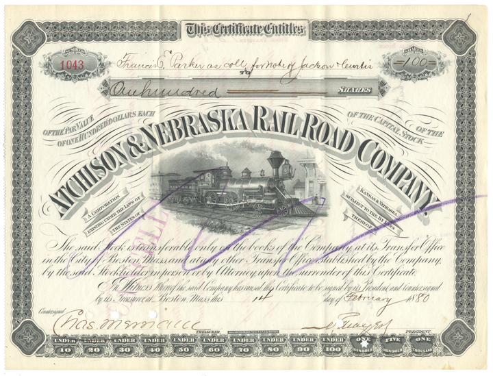 Atchison and Nebraska Rail Road Company Stock Certificate