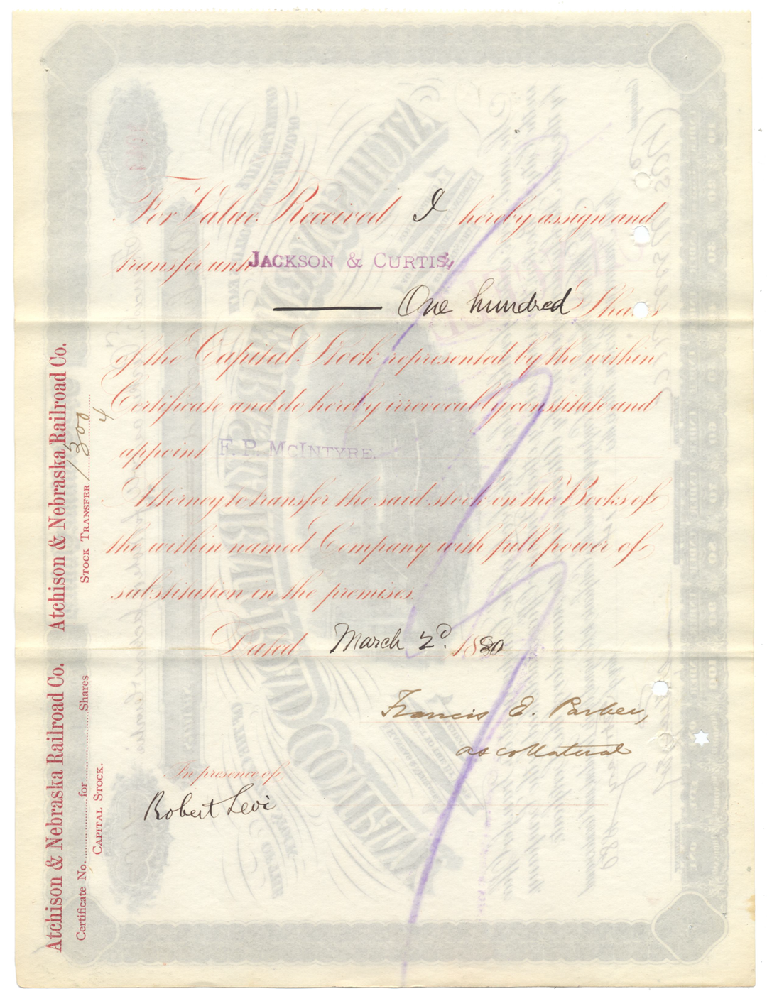 Atchison and Nebraska Rail Road Company Stock Certificate