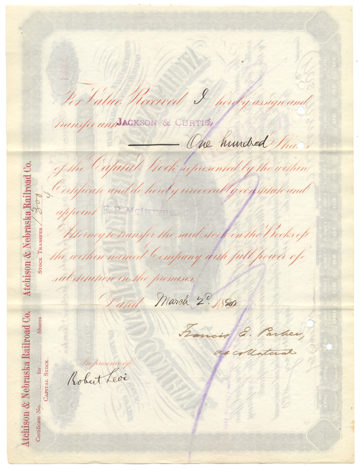 Atchison and Nebraska Rail Road Company Stock Certificate