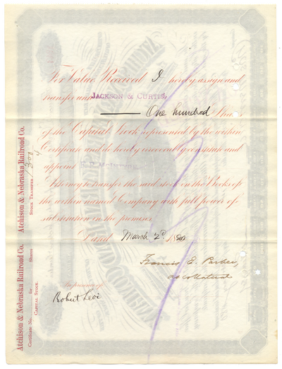 Atchison and Nebraska Rail Road Company Stock Certificate
