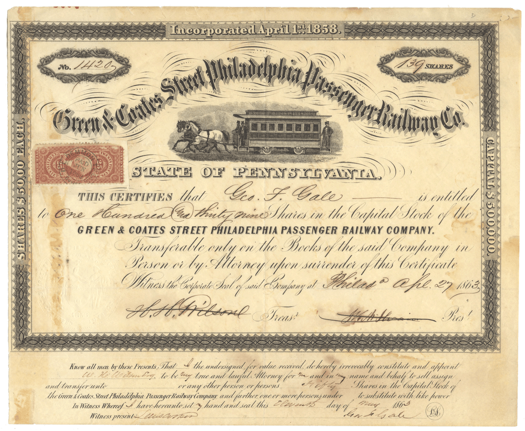 Green & Coates Street Philadelphia Passenger Railway Co. Stock Certificaate