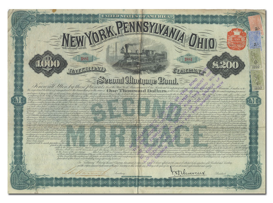 An antique New York, Pennsylvania, and Ohio Second Mortgage Bond from 1880, featuring ornate border designs, a central locomotive illustration, and revenue stamps.