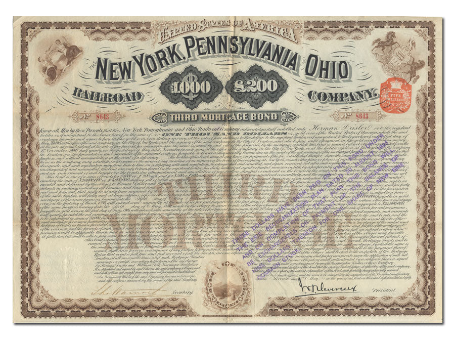An antique New York, Pennsylvania, and Ohio railroad third mortgage bond from 1880, featuring ornate vintage typography, decorative borders