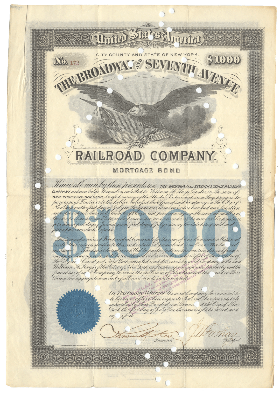 Mortgage bond certificate for the Broadway and Seventh Avenue Railroad Company from 1884