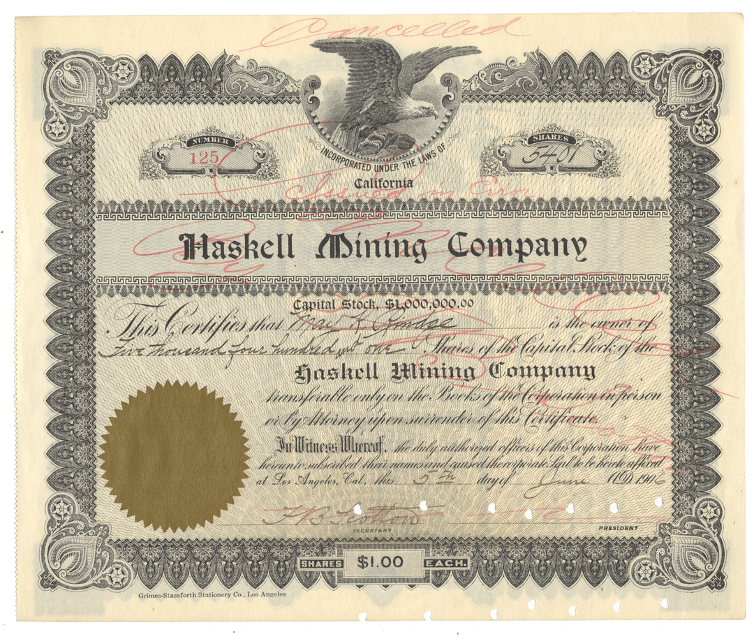 Haskell Mining Company stock certificate with decorative elements and an eagle emblem from 1906