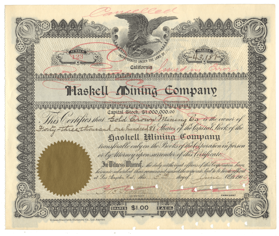 Historical stock certificate of the Haskell Mining Company with decorative elements and an eagle emblem.