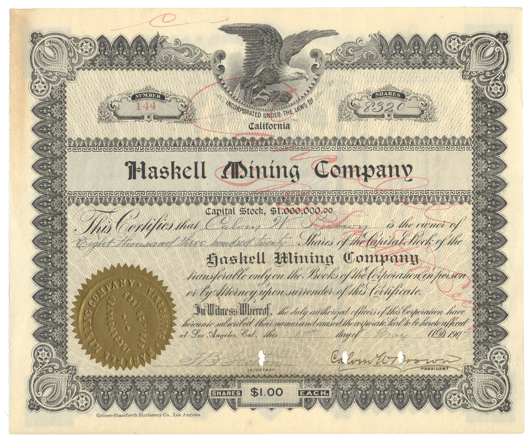 Vintage stock certificate for Haskell Mining Company with decorative elements and an eagle emblem.
