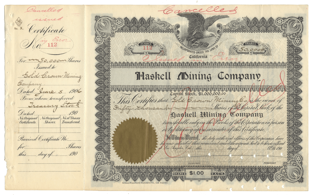 Haskell Mining Company stock certificate from 1906
