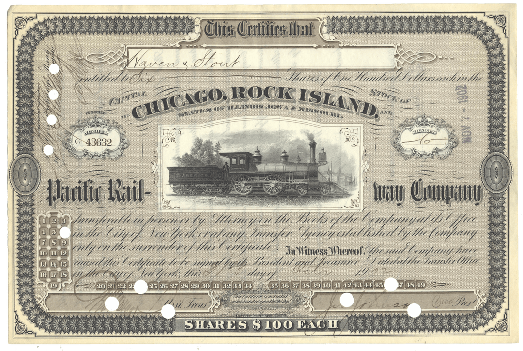 Historical stock certificate for Chicago, Rock Island and Pacific Railroad Company with steam locomotive illustration from 1902