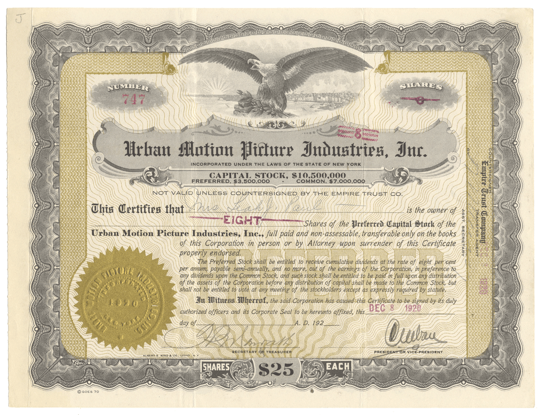Vintage stock certificate for Urban Motion Picture Industries, Inc. signed by Charles Urban