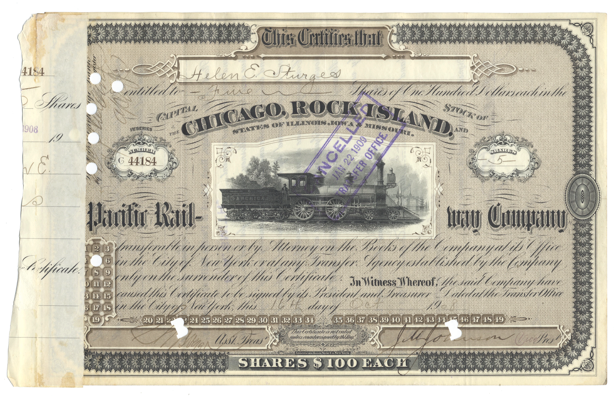 Historical stock certificate for the Chicago, Rock Island & Pacific Railway Company with a train illustration.