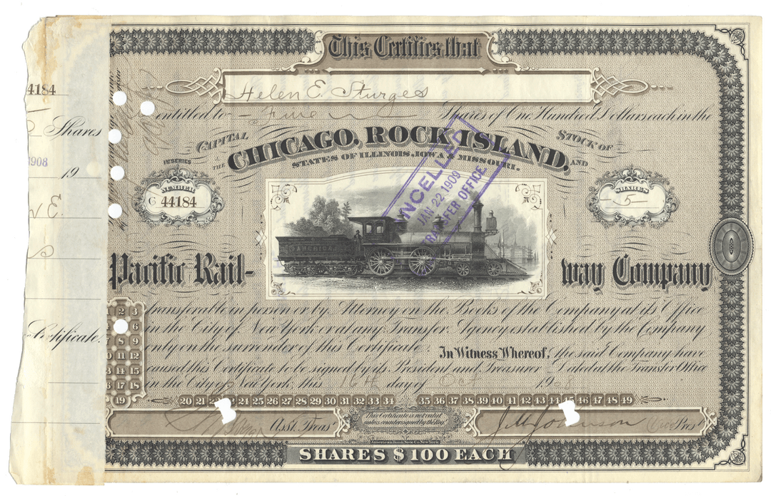 Historical stock certificate for the Chicago, Rock Island & Pacific Railway Company with a train illustration.