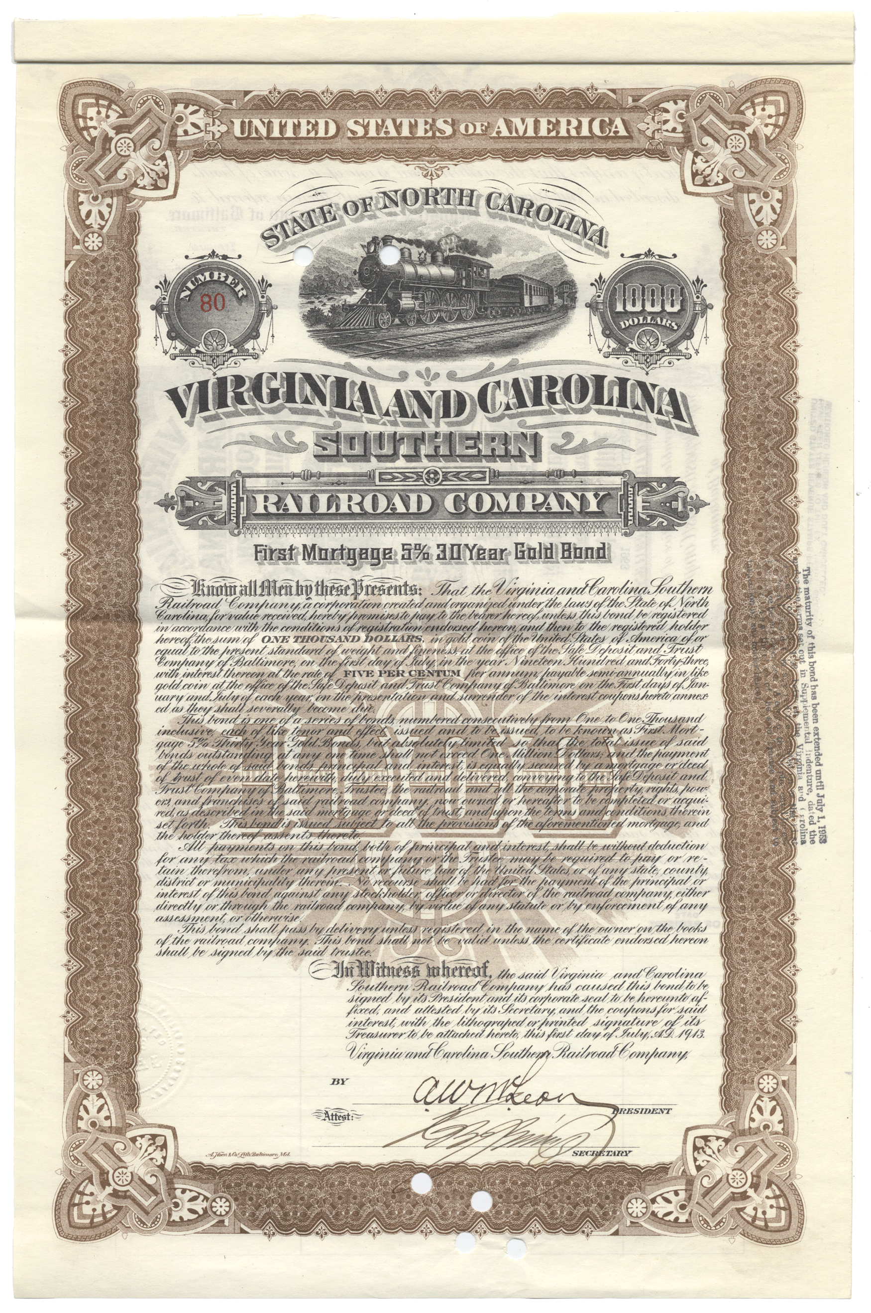 Historical Virginia and Carolina Southern Railroad Company bond certificate with decorative elements.