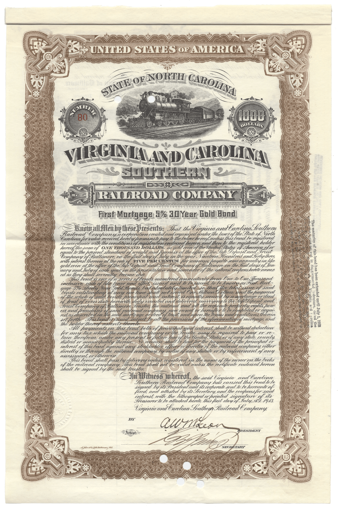 Historical Virginia and Carolina Southern Railroad Company bond certificate with decorative elements.
