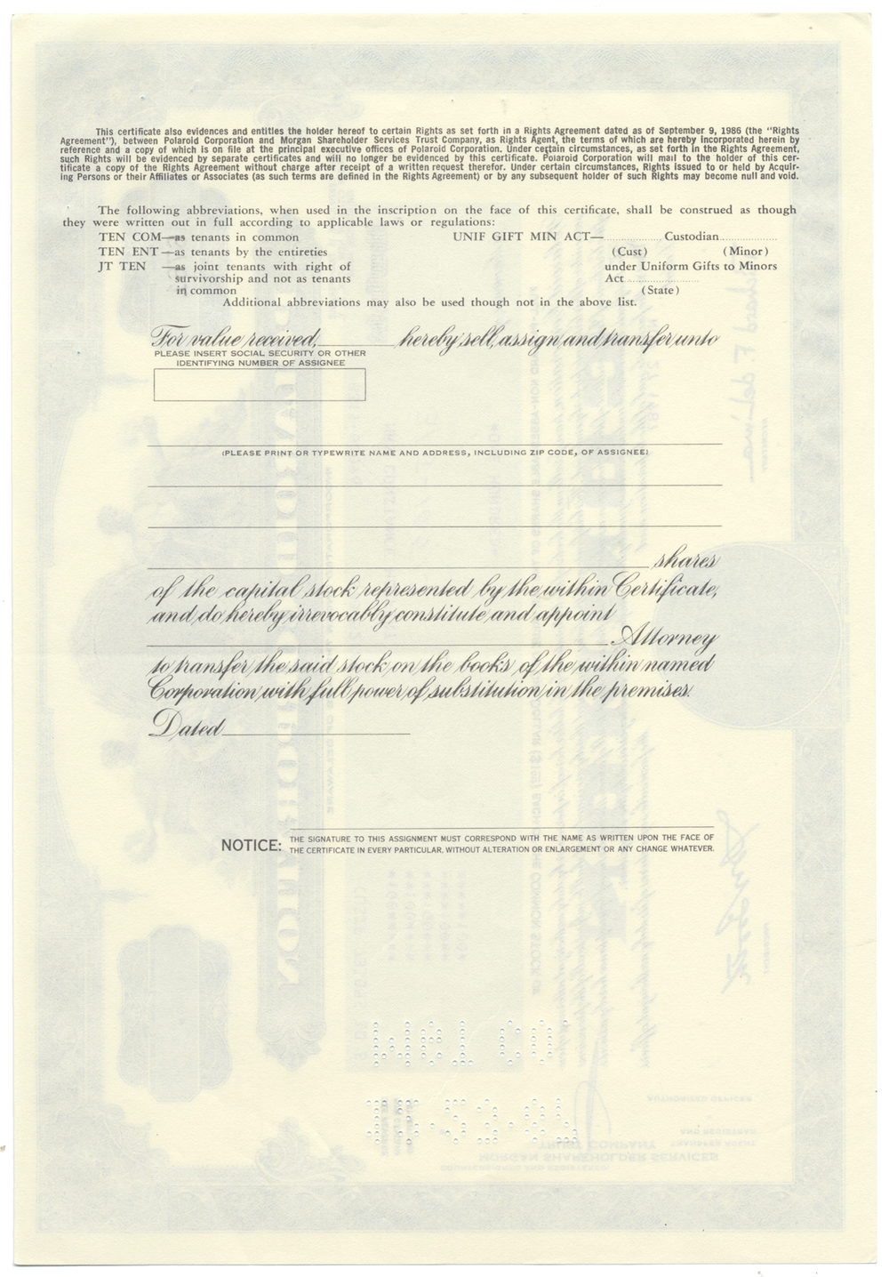 Polaroid Corporation Stock Certificate