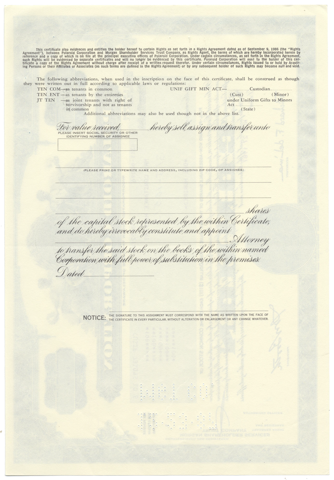 Polaroid Corporation Stock Certificate