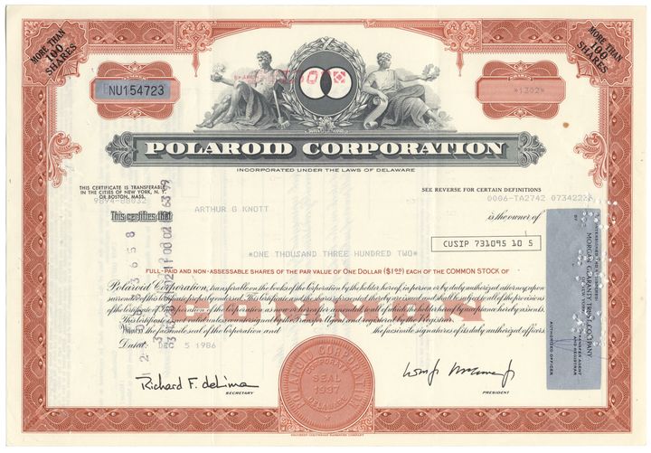 Polaroid Corporation Stock Certificate