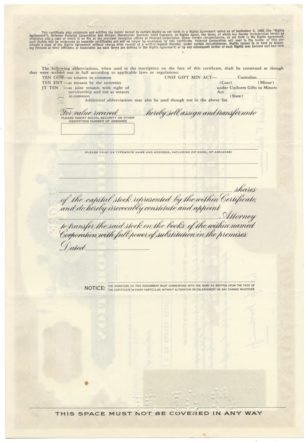 Polaroid Corporation Stock Certificate