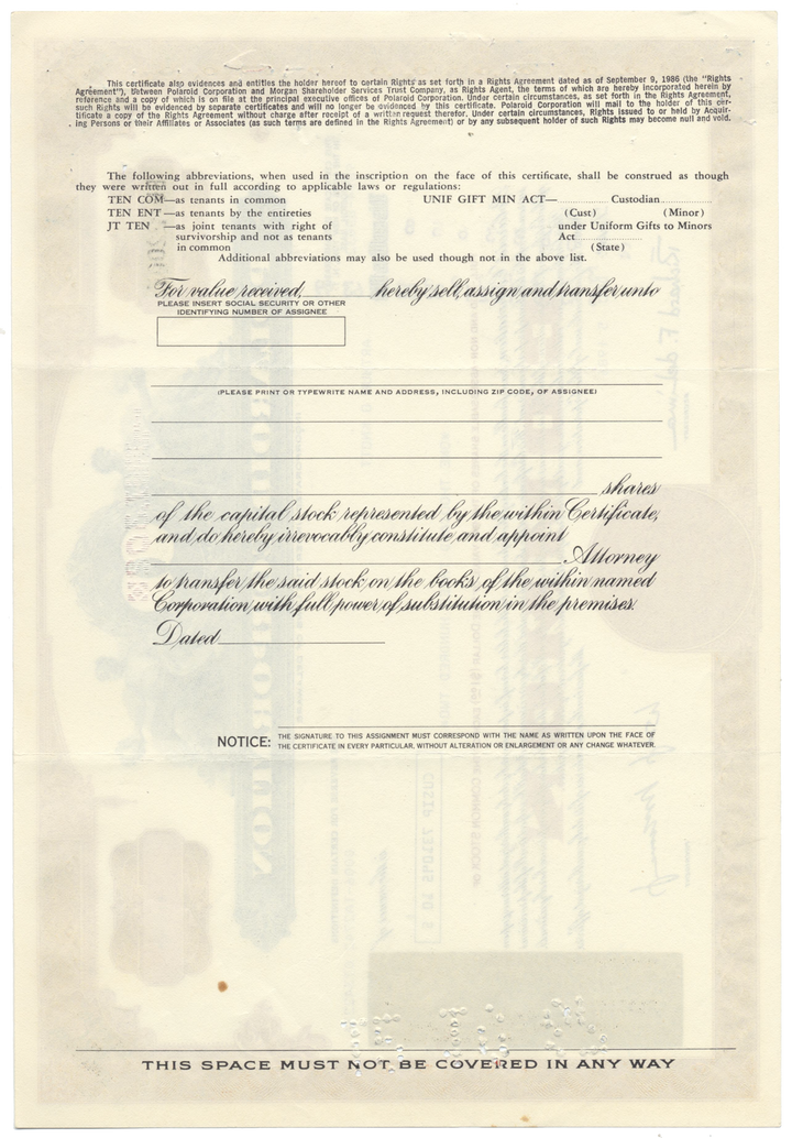 Polaroid Corporation Stock Certificate